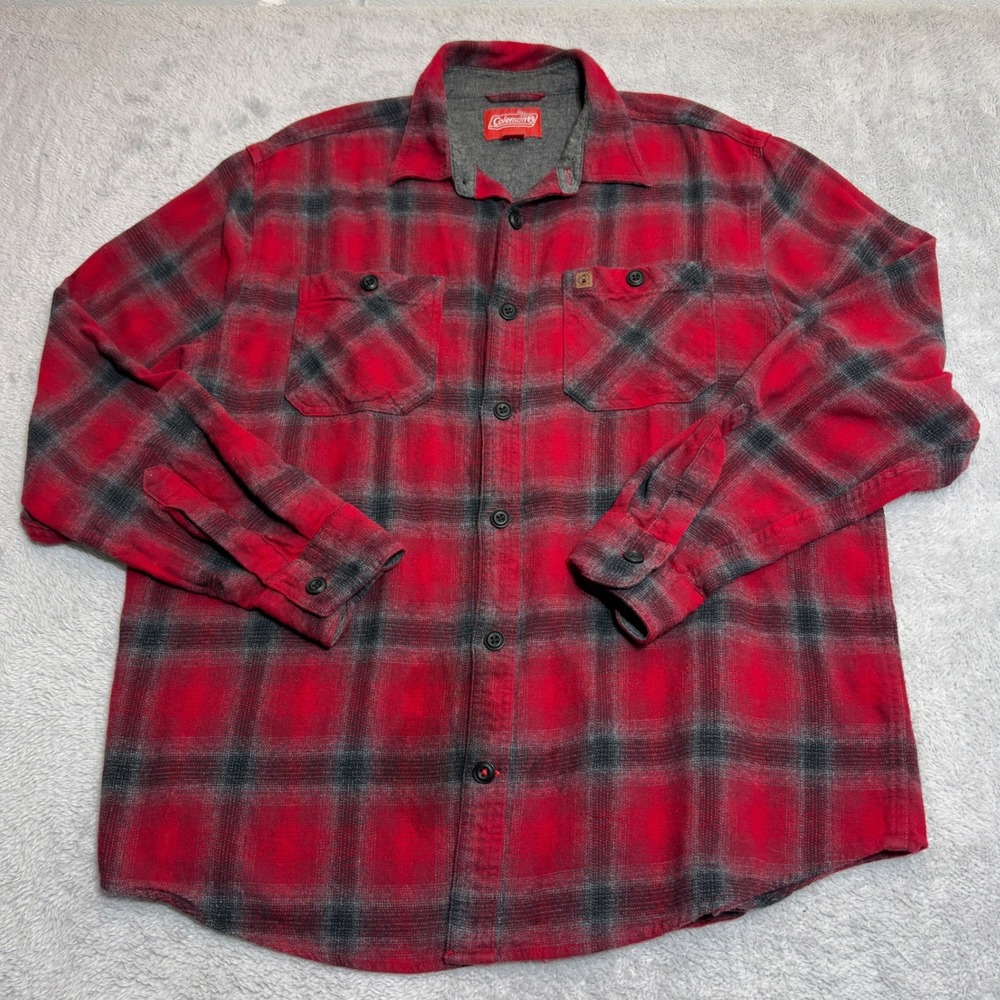 Coleman Flannel Shirt Mens XL Red Black Plaid Long Sleeve 100% Cotton Button Up